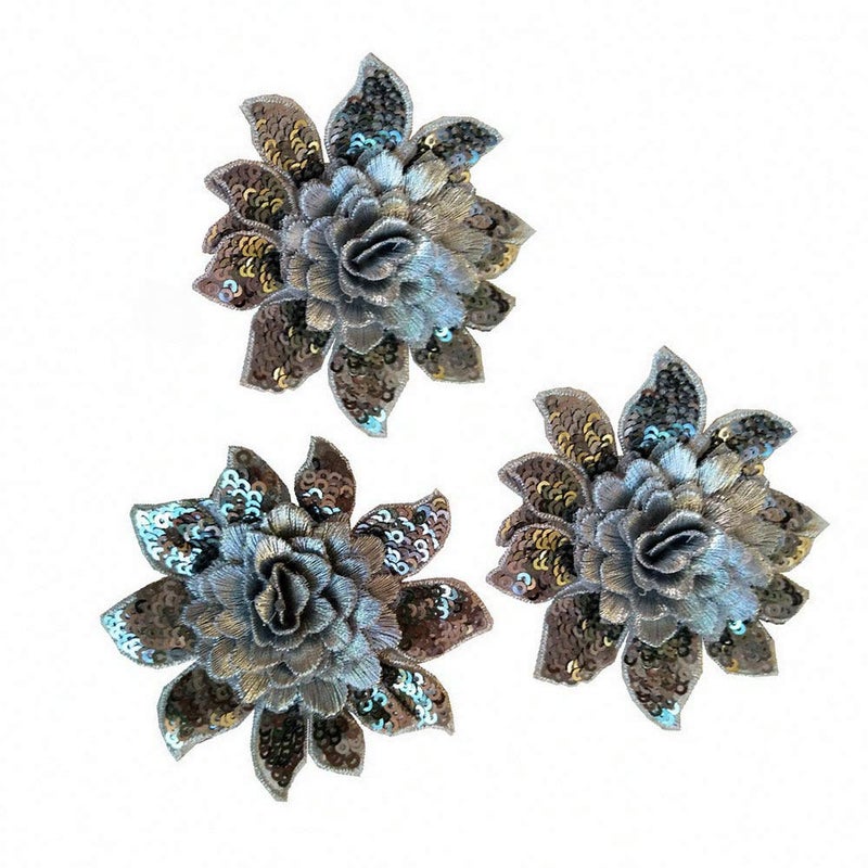 Exquisite 3D Flower Sequins Lace Applique Charming Gules/Pure White/Elegant Grey Color Embroidered Fabric Trim DIY Sewing Craft 3 Pieces